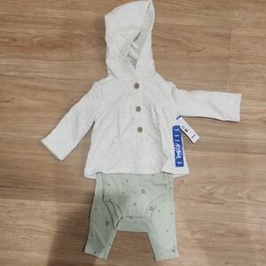 3-Piece Set: White Hoodie with Floral Green Long Sleeve Onesie & Pants Set